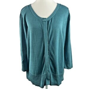 Coldwater Creek Silk Blend Cardigan L (14-16) Teal‎ Hidden Buttons 3/4 Sleeve